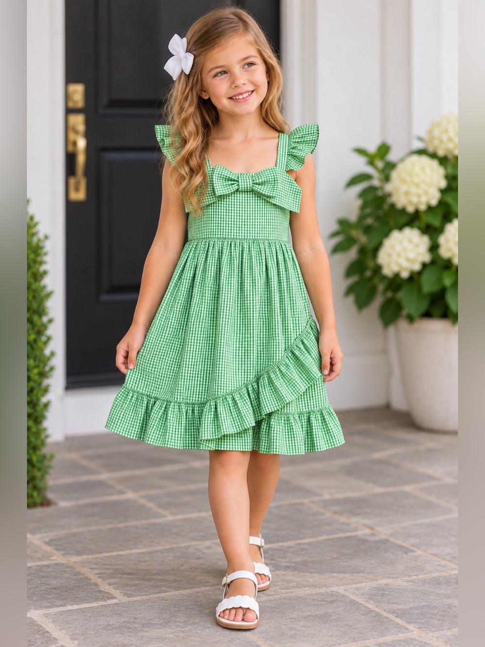 Janie and Jack Green Gingham Ruffle Bow Dress Girls Size 7